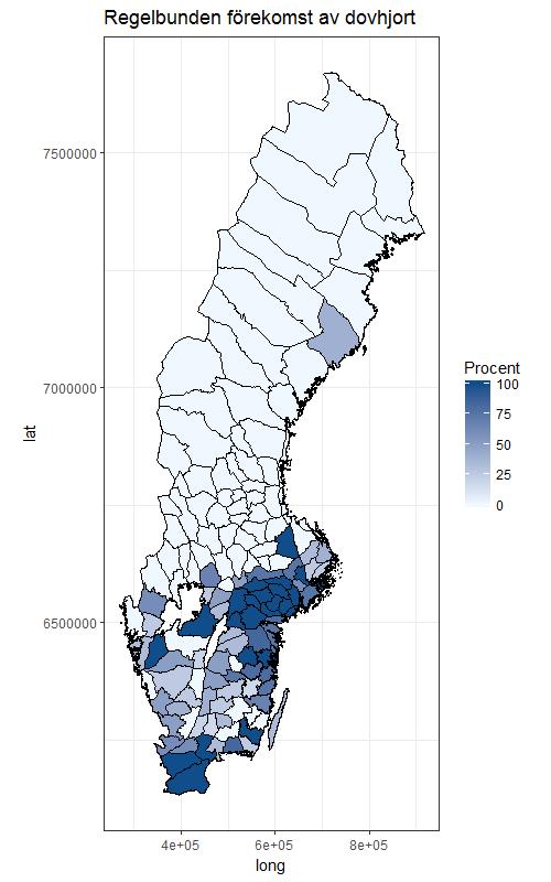Dovhjort Dovhjort rapporteras förekomma i södra och mellersta Sverige, men även i ett älgförvaltningsområde i Västerbotten.