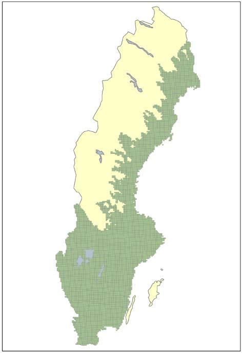 Figur 1. Den geografiska avgränsning som har använts för vilka regioner där karteringen av potentiell hällmarkstorräng i landskapsrutor utförs. I norra Sverige följer gränsen Högsta kustlinjen (HK).