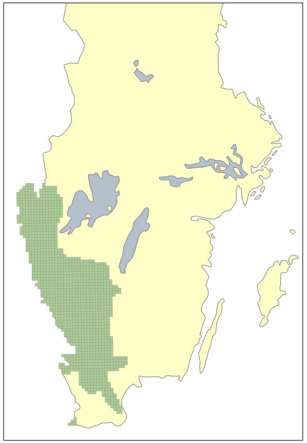 Svealands och Götalands kustnära områden och regionen kring de stora sjöarna utgör huvudutbredningen, framför allt Västra Götaland, Östergötland och östra delen av Mälarregionen, men också i i mindre
