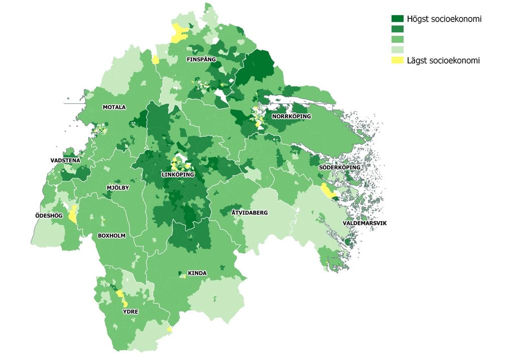 Resultat Kartor över socioekonomi De fem socioekonomiska nivåerna har tilldelats varsin färg och lagts in på kartor över Östergötland.