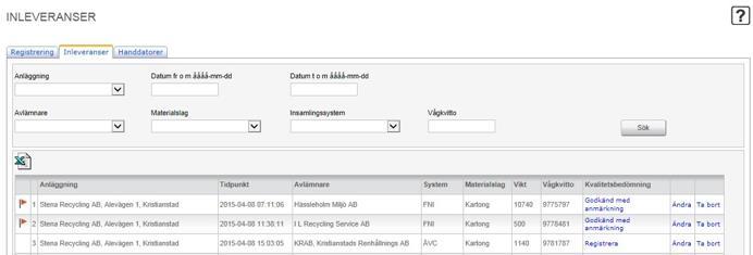 6 Sök inleverans Inrapporterade leveranser kan sökas fram, ändras, tas bort och kvalitetsbedömas. Ange sökkriterier för att begränsa sökresultatet. Sökresultatet kan sparas ner i MS Excel.