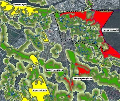 Kartan visar teoretiska länkar och samband mellan skogsområden i Söderort. Kartan är baserad på en nätverksmodell framställd och analyserad med GIS-verktygen Matrixgreen och Circuitscape.