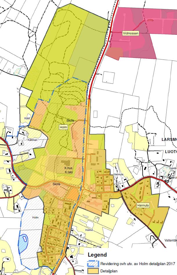 1-17 3.2.1.4 Detaljplan Det aktuella området är till största del sedan tidigare planlagt på detaljplanenivå. Revidering av Holm detaljplan godkändes i fullmäktige den 21.5.2014.