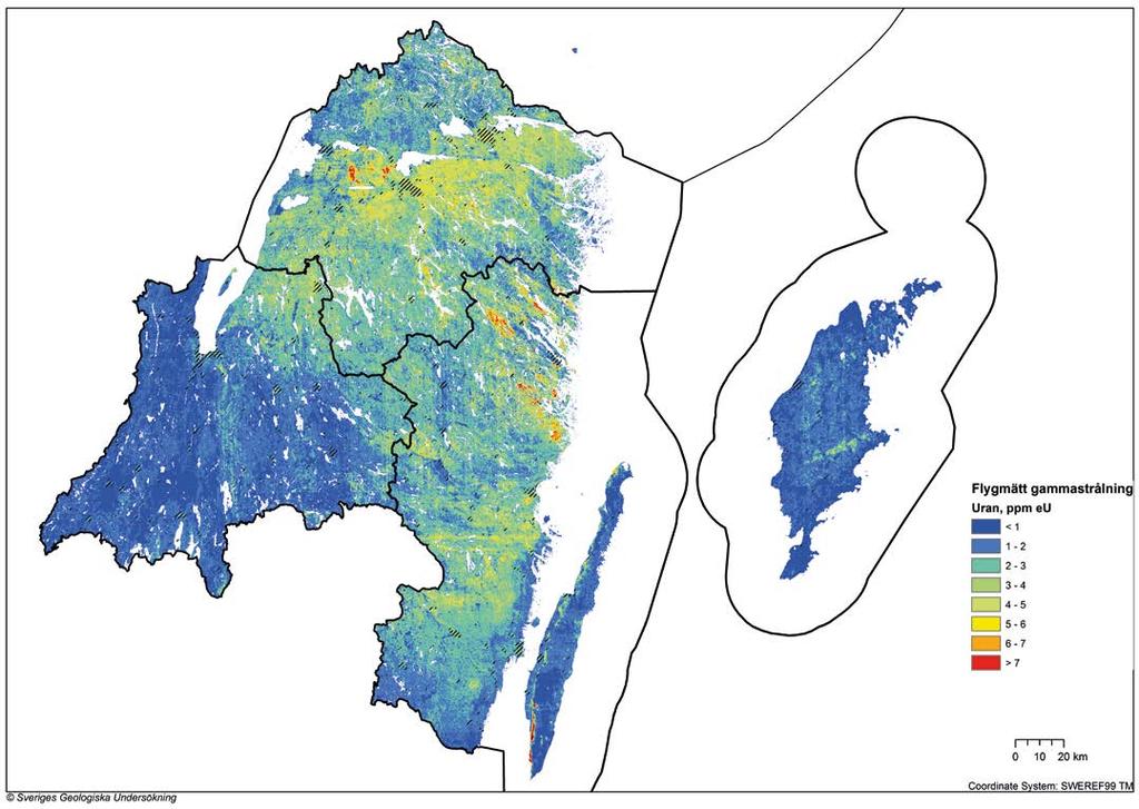 Östergötlands, Jönköpings, Kalmar och Gotlands län Sveriges geologiska undersökning (SGU) har genomfört strålningsmätningar med flyg för att kartlägga gammastrålning från uran i marken.