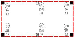 9.4 Allmän fundamentplan för 10', 16' och 20' containrar med valfri nyttolast (enligt 1.5.2.) Varje enskild modul måste placeras på fundament på plats med minst 4 stödpunkter för 10'-moduler, eller 6 stödpunkter för 16'- och 20'-moduler.