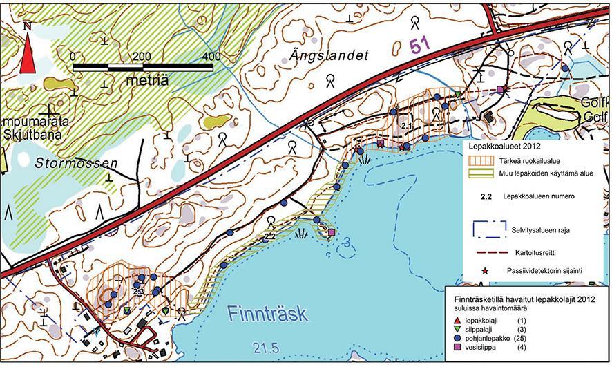 Bild 4. Viktiga födosökningsområden för fladdermöss (vertikala streckade linjer) och annat område som används av fladdermöss (grön horisontell streckning). Bild: Keiron Oy, 20