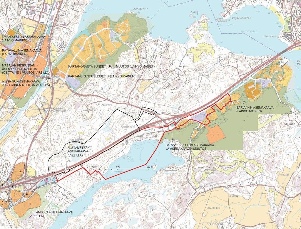 2.3.7 Detaljplaner I planeringsområdets västra del finns ingen gällande detaljplan. I den östra delen omfattar planeringsområdet en del av Sarvviks detaljplan (som vunnit laga kraft 29.9.2005).