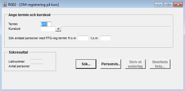 2013-10-24 RG02_funkbeskr.doc 12 (17) Kommandot 'Sök' söker fram personer som är aktuella för registrering på det kurstillfälle du markerat i listboxen.