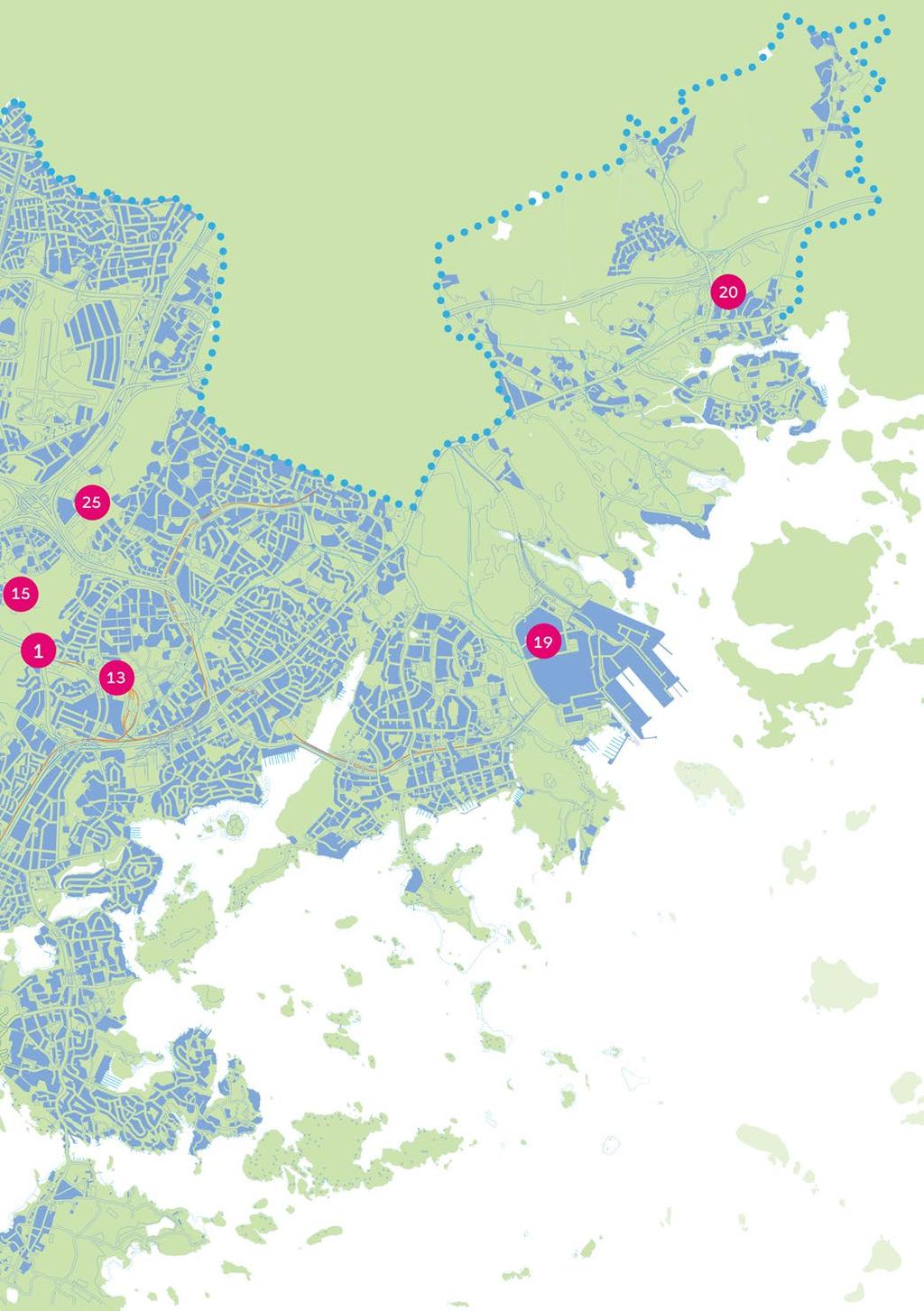 1. Spår-Jokern 2. Tavastvägen 3. Laddningspunkt för elbuss 4. Robotbussar 5. Kronobroarna 6. Utvidgningen av fotgängarnas centrum 7. Banan 8. Eko-Vik 9. Kungseken 10. Hongasmossa 11. Fiskehamnen 12.