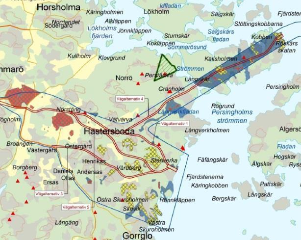 Kulturmiljö, fornlämningar, landskapsbild Väglinje 1 Väglinje 2 Väglinje 3 Väglinje 4 Måttlig Måttlig Måttlig-stor Måttlig Naturmiljö Måttlig Liten Liten Stor Vattenmiljö Rekreation, friluftsliv