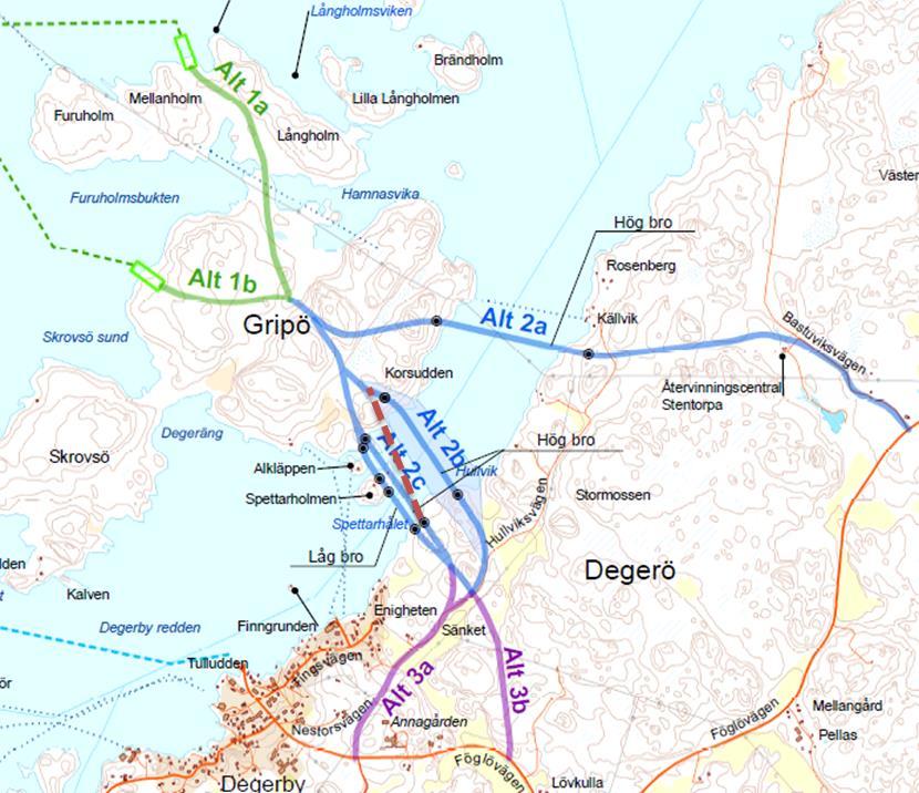 2c - Södra broläget 2b Mellersta broläget Anpassat ( ) efter bottenförhållanden 3a - Ny väg Degerö västra anslutning Dalsvägen 3b - Ny väg Degerö östra anslutning Lövkulla I projektet har färjeläges