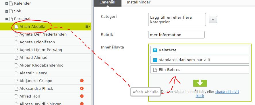 För att lägga till ett kontaktkort i en yta, leta upp den anställdes personsida I sidträdet som