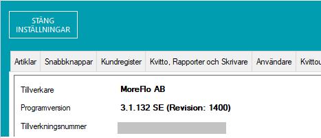 Tillverkare: CleanCash Multiuser Modell: HW rev A/ SW:R1.07) Tillverkningsnummer: Se Inställningar Om MoreFlo Kassa - Kontrollenhet Kontrollenhetens adress: MoreFlo AB Ramgatan 11 65341 Karlstad 2.