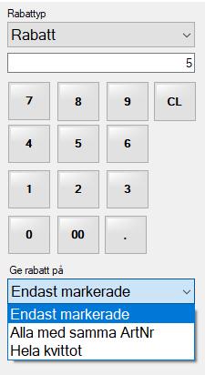 kvittot. Tryck sedan på fliken Övrigt och därefter knappen Rabatt Mata in summan eller procentsatsen du vill ge i rabatt med hjälp av sifferbordet.