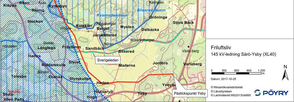 6 Markanvändning Ledningen är ca 7 km lång och berör jordbruksmark i söder och skogsmark i norr. Mellan Ysby och Sandbäck berörs jordbruksmark på en sträcka om ca 1,9 km.