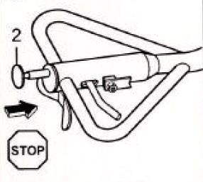 Stoppreglage på styrhandtag (FIG 14) JärnHästen är utrustad med två stoppreglage. Det ena reglaget sitter lättåtkomligt på handtaget (FIG 14,2). När reglaget trycks in så stannar motorn.