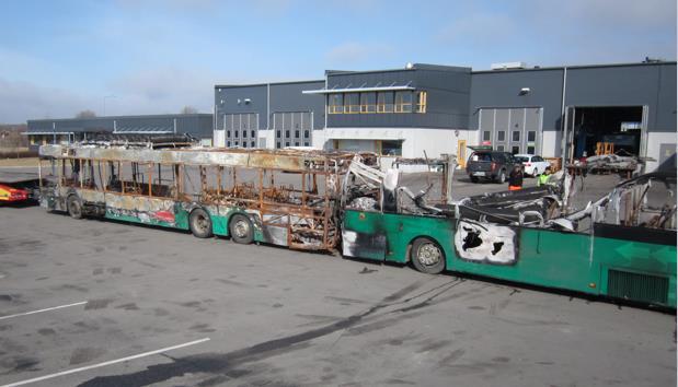 Figur 12.4. De två utbrunna bussarna. MAN-bussen till vänster hade stålkaross, medan Volvo-bussen (till höger) hade kaross av aluminium som till stor del smälte ner vid branden.