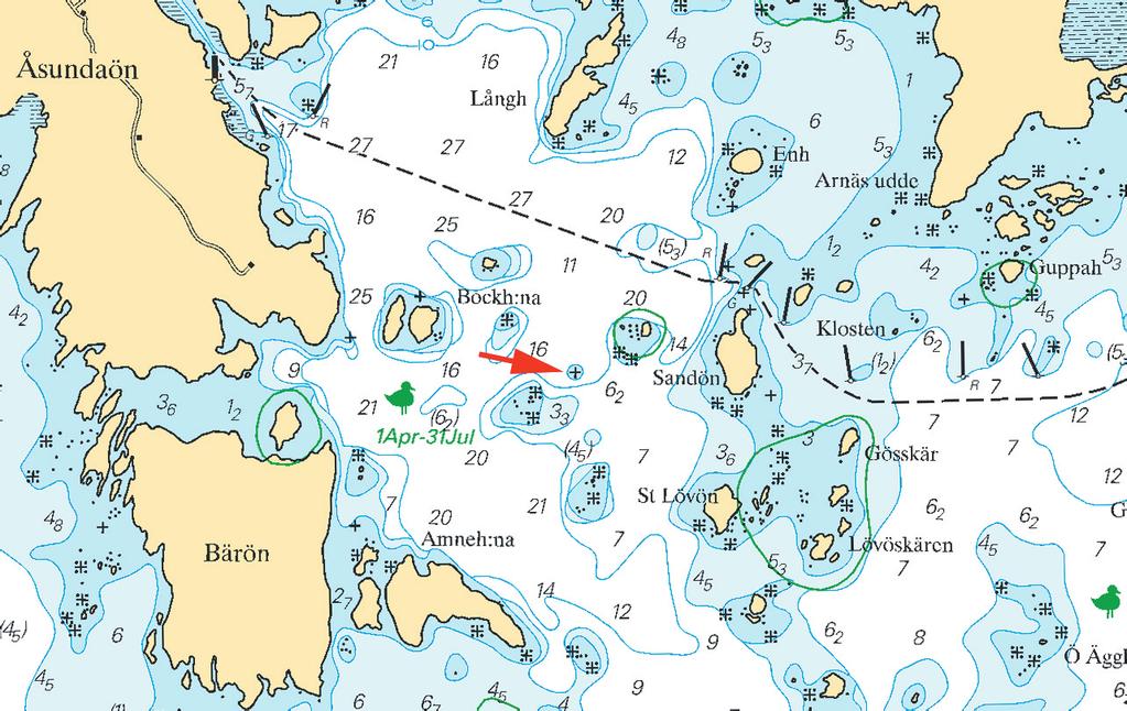 17 Nr 319 * 6637 Sjökort/Chart: 131 Sverige. Vänern. Värmlandssjön. SV om Skoghall. V om Sandön. Grund. Ett grund med ett minsta djup om ca 0,9 m har lokaliserats på angiven position.