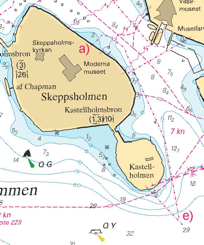 7 Nr 319 * 6615 Sjökort/Chart: 6141, 6142 Sverige. Norra Östersjön. Stockholm. O om Skeppsholmen. Rörledning. En rörledning är etablerad O om Skeppsholmen och Kastellholmen, pos a) - e).