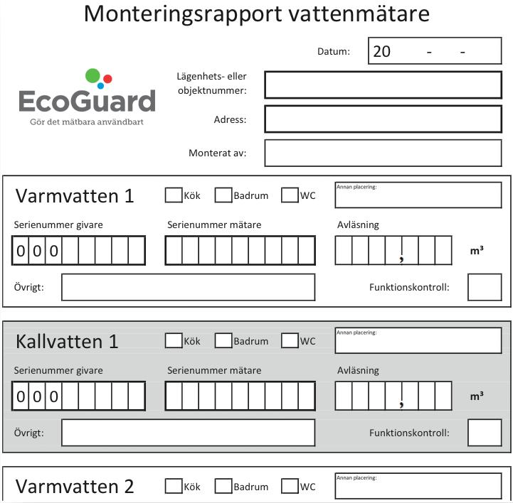 REGISTRERING 1. Funktionskontrollera utrustningen: Kontrollera att räkneverket går åt rätt håll. Kontrollera att inga läckor finns. Bocka för att utrustningen är kontrollerad på monteringsrapporten.