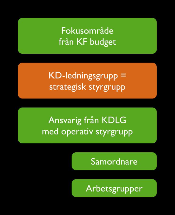 Organisation prioriterade fokusområden Med utgångspunkt ifrån KF prioriterade fokusområden/mål definierar Kommundirektörens ledningsgrupp (i rollen som strategisk styrgrupp) uppdrag till olika