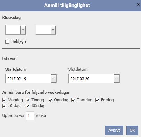 I personlig kalender anmäler du din tillgänglighet (visar för Vikarieenheten hur du kan jobba) genom att trycka på knappen Anmäl tillgänglighet.