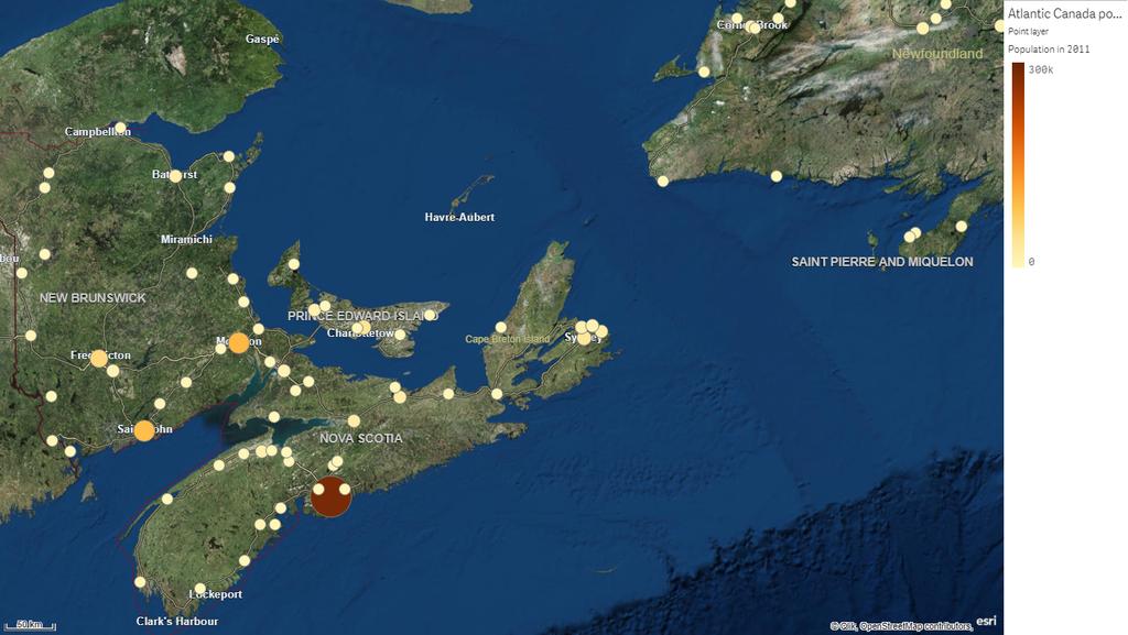 3 Skapa visualiseringar Punktskikt (orter i Kanada vid Atlantkusten färg och storlek enligt befolkning) Ytskikt Ett ytskikt visar områden på kartan som länder eller delstater.