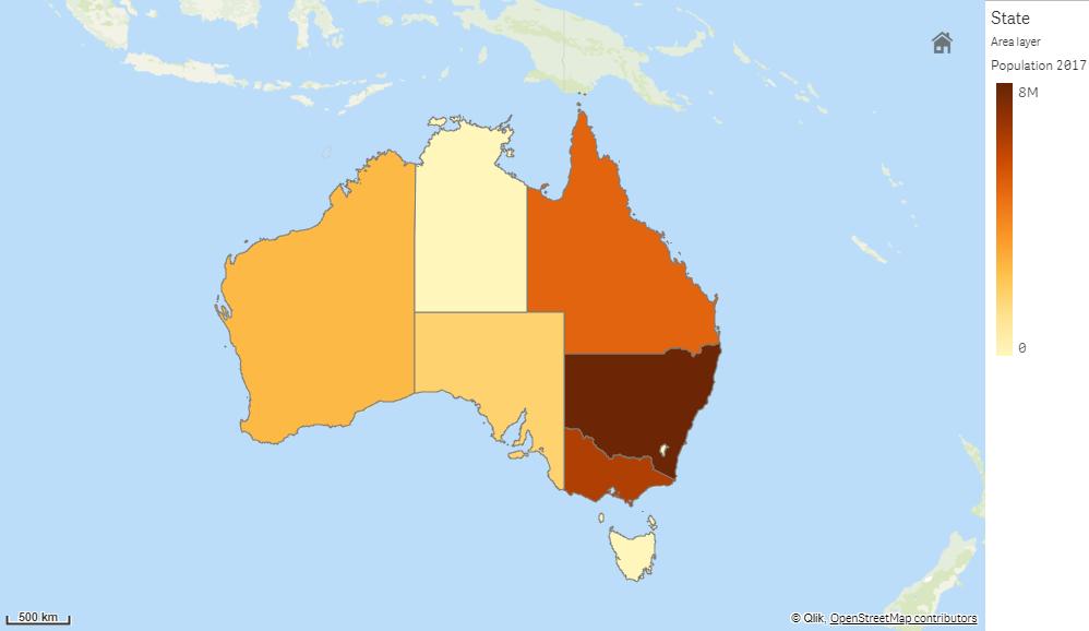 Ytskikt (Delstater och territorier i Australien färgade enligt befolkning) Linjeskikt Med ett linjeskikt kan du visa linjer mellan punkter på kartan.