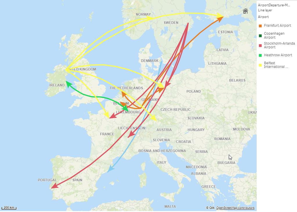 Linjeskikt (avgående flyg mellan flygplatser i Europa) Bakgrundsskikt Med bakgrundsskikt kan du visa en anpassad baskarta för kartvisualiseringen.