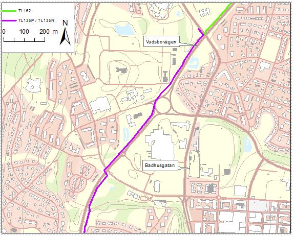 Figur 8. Sträckning för TL162, TL135P och TL135R inom Skövde tätort efter genomförda åtgärder. 3.