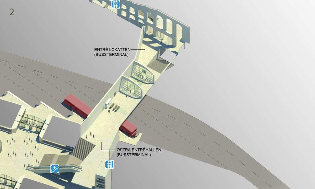 Sida 37 (72) Entrén vid Lokattens trappor ger en bra möjlighet att aktivera den östra delen av terminalen samtidigt som terminalen får en en bra tillgänglighet till ett större område kring Slussen.