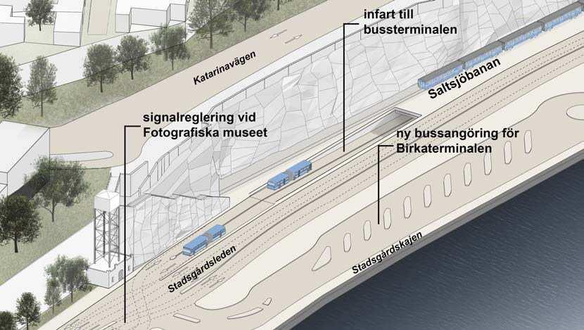 Sida 39 (72) Trafik till och från bussterminalen Bussterminalen angörs med bussar från Stadsgårdsleden via en ramp med körfält för bussarna parallellt med Saltsjöbanans spårområde på Stadsgårdsleden.