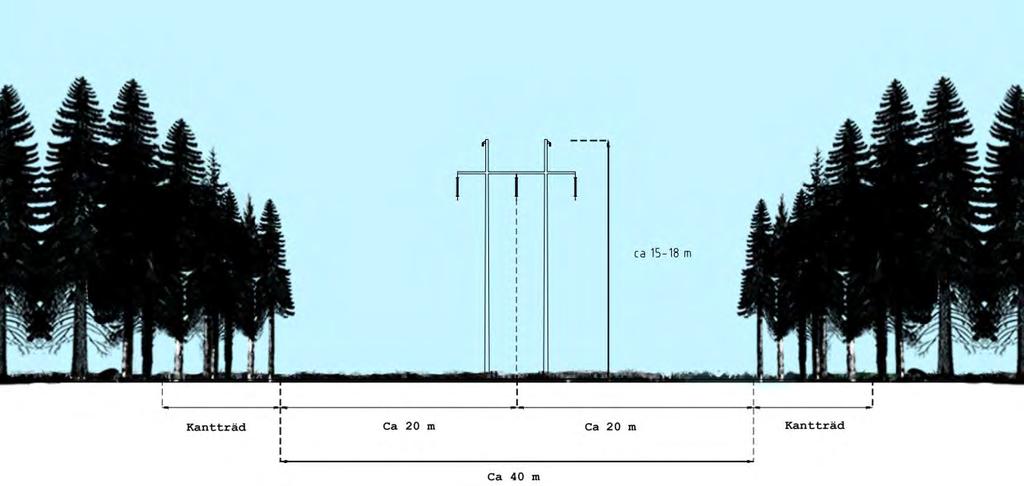 Figur 12. Exempelbild på skogsgata där ledningen är uppförd i en träportalstolpe. Måtten är ungefärliga.