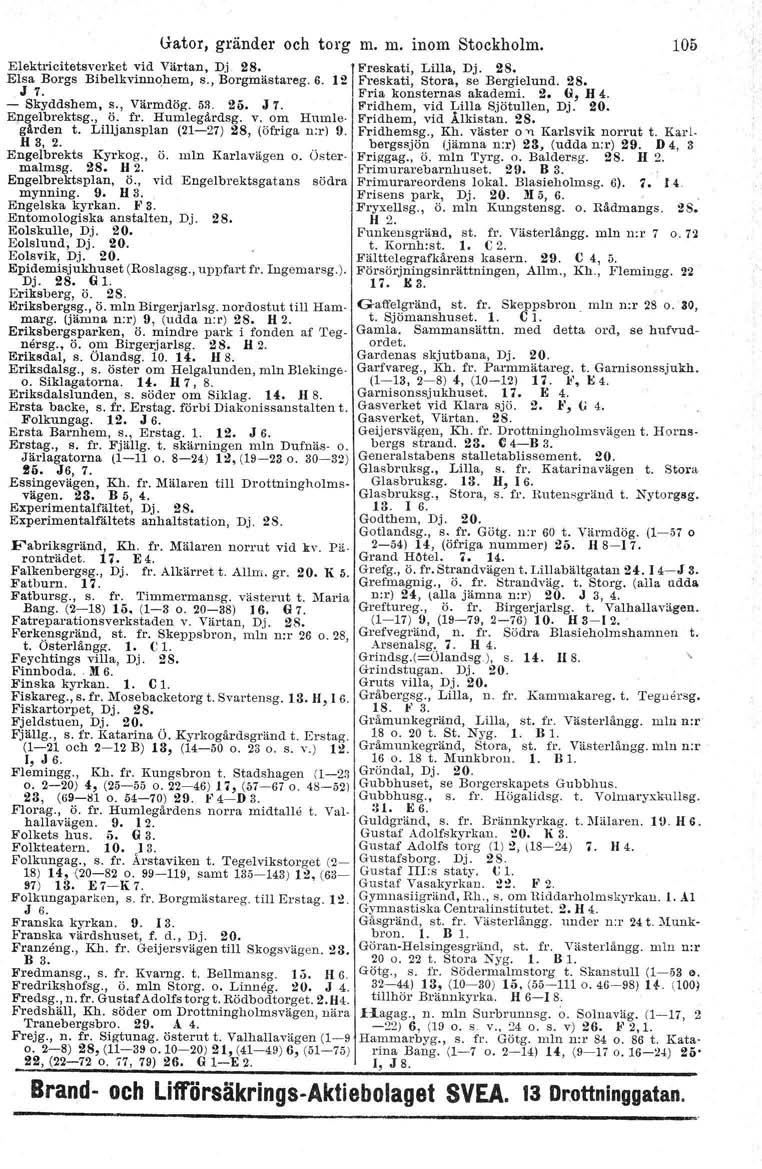 Gator, gränder och torg Elektricitetsverket vid Värtan, Dj 28. Elsa Borgs Bibelkvmnohern, S., Borgmästareg. 6. 12 J 1. - Skyddshem, s., Värmdög. 5H. 2i>. J 1. Engelbrektsg., Ö. fr. Humlegårdsg. v. om Humlegården t.