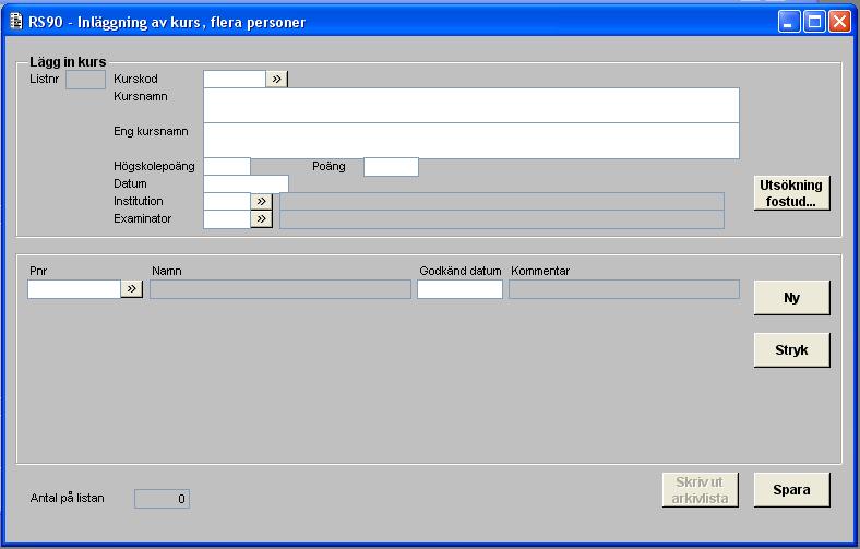 Bilaga 2 RS90B00G 1. Hjälptext RS90 - Inläggning av kurs, flera personer Senast uppdaterad: 2015-06-29 Ny lista: Ange kurskod, eller svenskt och engelskt kursnamn samt poäng.