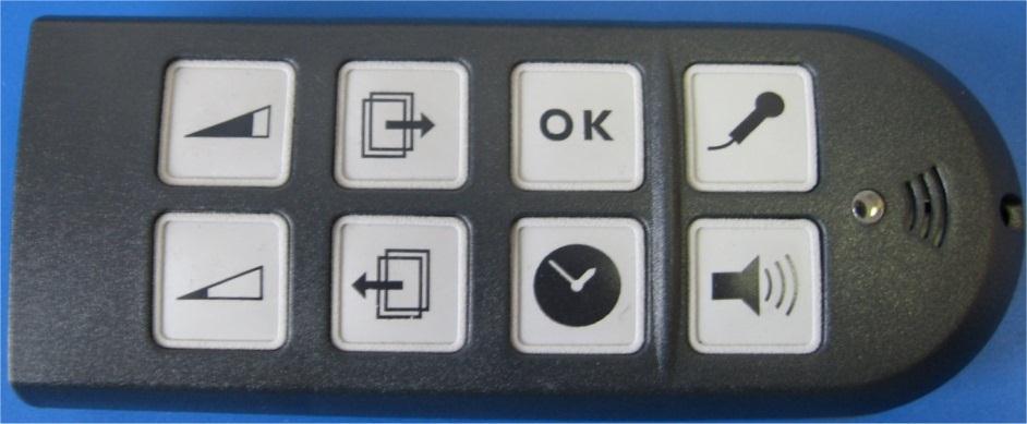 Memogo består av: 8 knappar utgång för öronsnäckor ingång för strömförsörjning uttag för dockning i Memobase Klisteretiketter Klisteretiketter medföljer som kan klistras över de knappar som brukaren