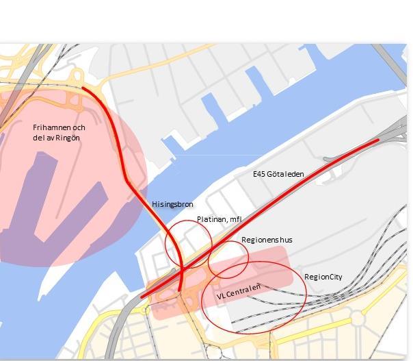 Centralenområdet Götatunneln Hisingsbron Ny bro som ersätter Göta Älvbron Byggtid: 2017 2021 (2022) E45 Götaleden Nedsänkning av leden, halva sträckan blir tunnel.