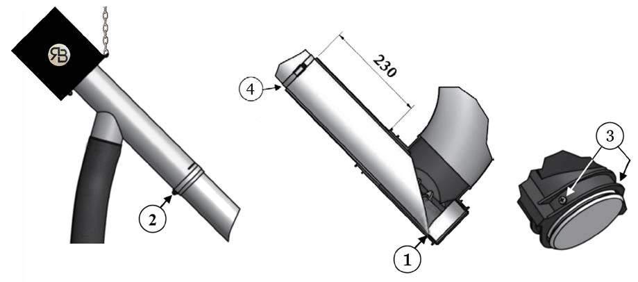 Skruvtransportör 1.8m, montering i Mafa Micro-, Mini- eller Midiförråd. Kontrollera att spiralen ligger 20-40 mm innanför ändrörets spets (1).