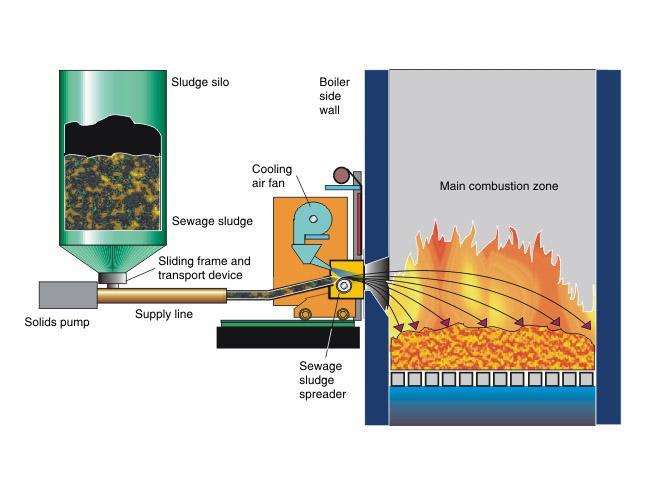 Figur 3. Schematisk bild av Martin GmbH:s system för slamförbränning på rost.[28] Figure 3 Schematic picture of a system by Martin GmbH for firing of sewage sludge on a grate.[28] L. & C.