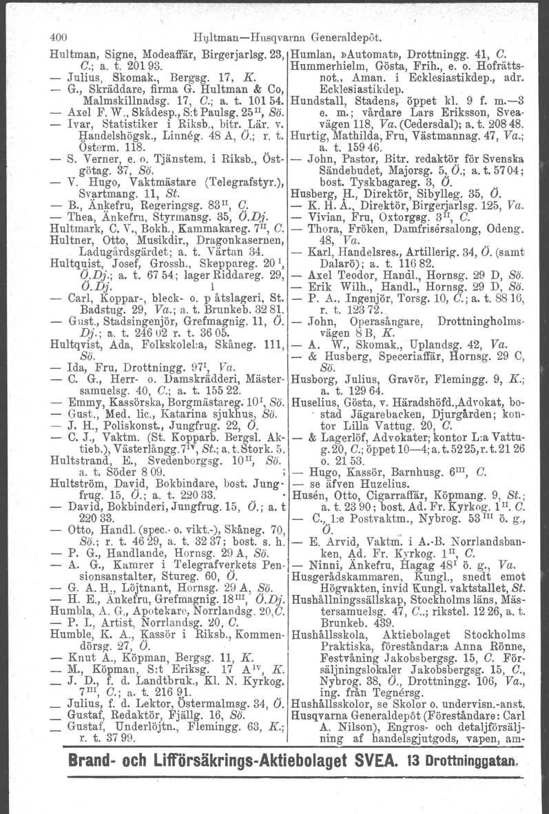 400 HultmaneHusqvarna Generaldepöt, Hultman, Signe, Modeaffär, Birgerjarlsg.23, Humlan,»Automatn, Drottningg. 41, G. G.; a. t. 20193. Hummerhielm, Gösta, Frih., e. o. Hofrätts Julius, Skomak., Bergsg.