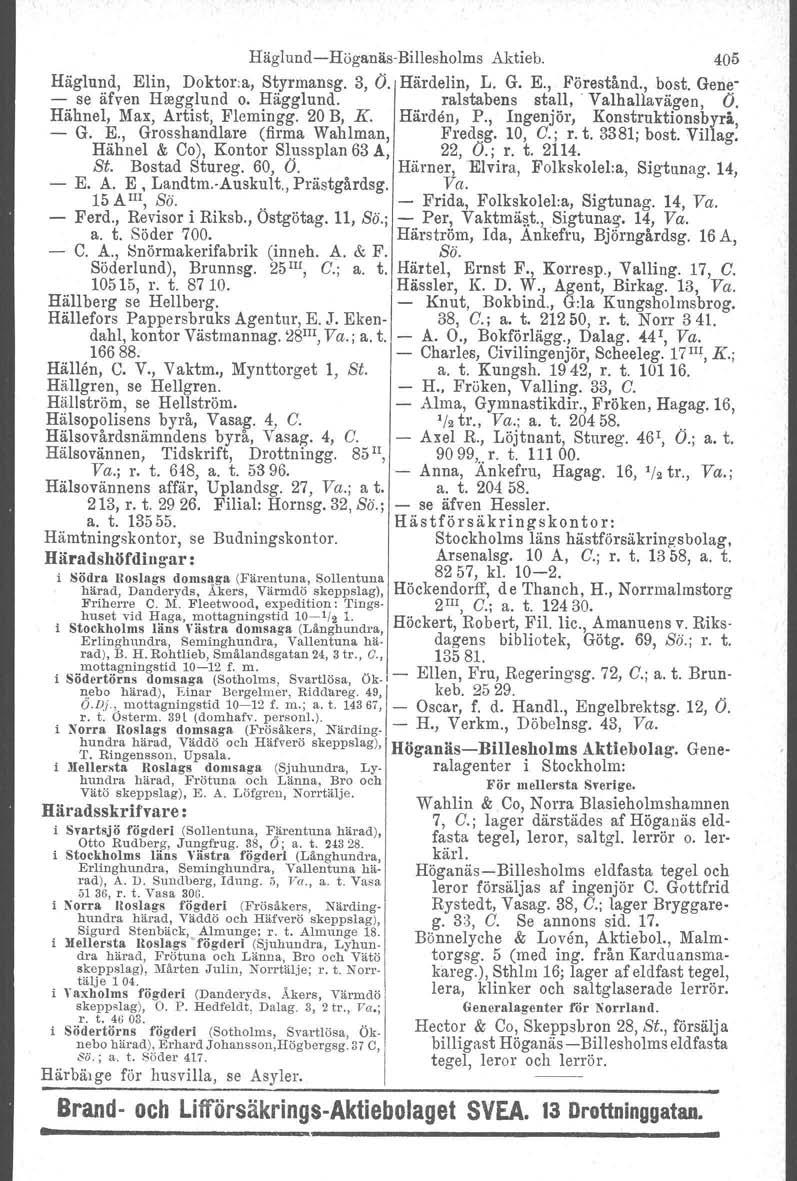 HäglundHöganäsBillesholms Aktieb. 405 Häglund, EHn, Doktor.a, Styrmansg. 3, D. Härdelin, L. G. E., Förestånd., bost, Gene se äfven Hregglund o. Häggiund. rälstabens stall,' Valhallavägen, D.