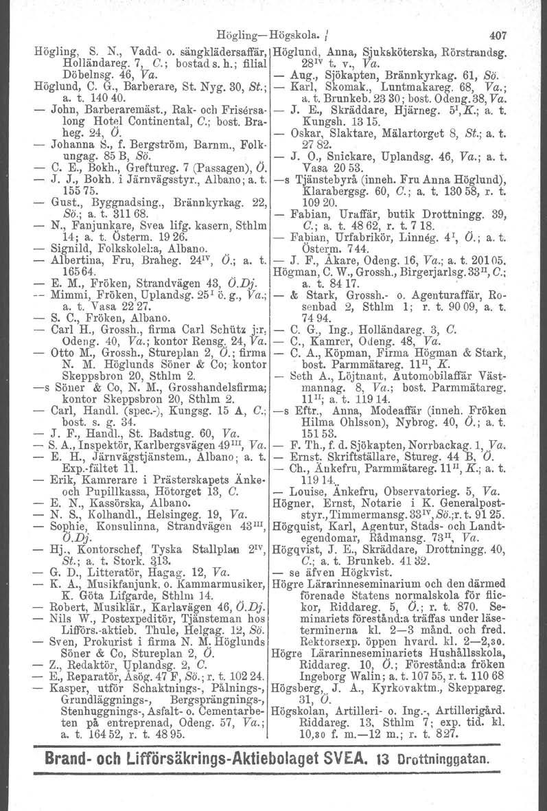 Högling Högskola. I 407 Högling, S. N., Vadd o. sängklädersaffär, Höglund, Anna, Sjuk&köterska, Rörstrandsg. Holländareg. 7, G.; bostad s. h.; filial 28 1V t. v., Va. Döbelnsg. 46, Va. Aug.