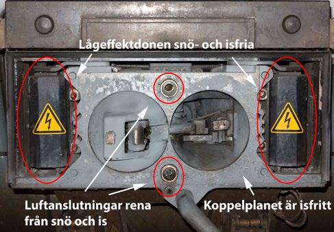 Luftslangar och automatkoppel Vintertid uppstår problem med hängande luftslangar på lok och vagnar som släpar i snön och blir fyllda med snö i kopplingsnävarna.