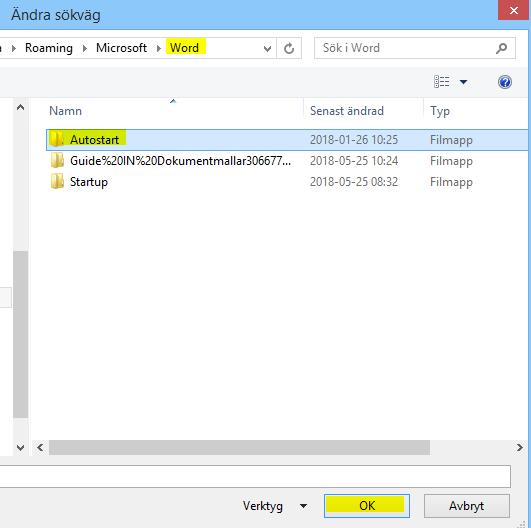 Ändra sökvägen till Autostart genom att klicka på Word Markera mappen Autostart och avsluta med OK: Stäng sedan ner Word och starta om datorn. Fliken IN-Register skall då visas i Word-menyn. 4.2.
