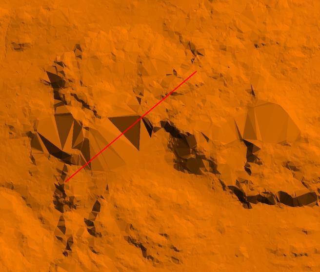 10 m 50m Figur 12: Ytterligare ett exempel på en kulle som inte klassificerats till mark. Profilen är dragen vid det röda strecket i bilden nedan.