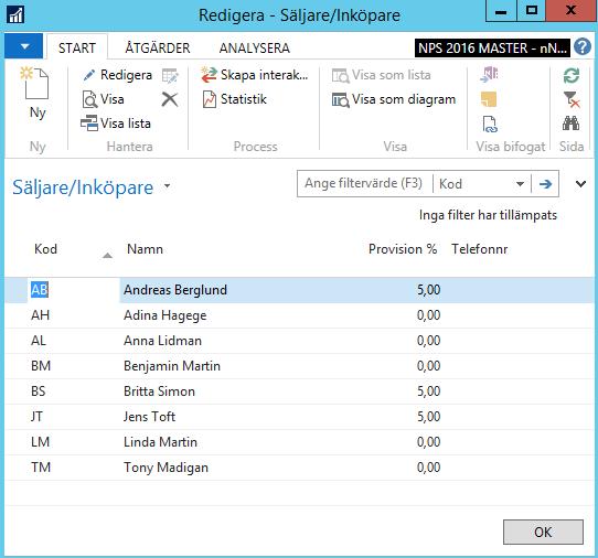 Fältförklaring: Fält Kod Namn Provision % Telefonnr Ange en lämplig kod för säljaren/inköparen Skriv in säljarens/inköparens namn Om säljaren ska erhålla provision på sin försäljning anges
