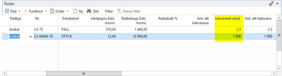 Klicka på OK. Fälten Ant. att inlevereras och Inlevererat antal har nu uppdaterats på orderraden.
