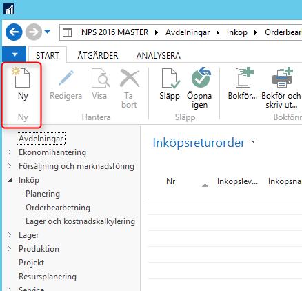 Klicka på Ny (Ctrl + N) för att skapa en ny inköpsreturorder.