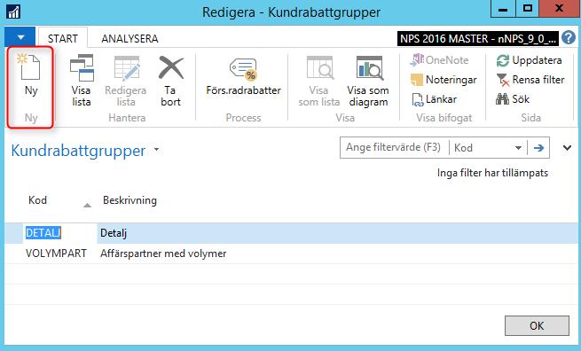 Avdelningar Försäljning och Marknadsföring Orderbearbetning Inställningar Kundrabattgrupper Använda funktionen Klicka på Ny för att skapa en kundrabattgrupp I tabellen lägger du upp valfritt antal