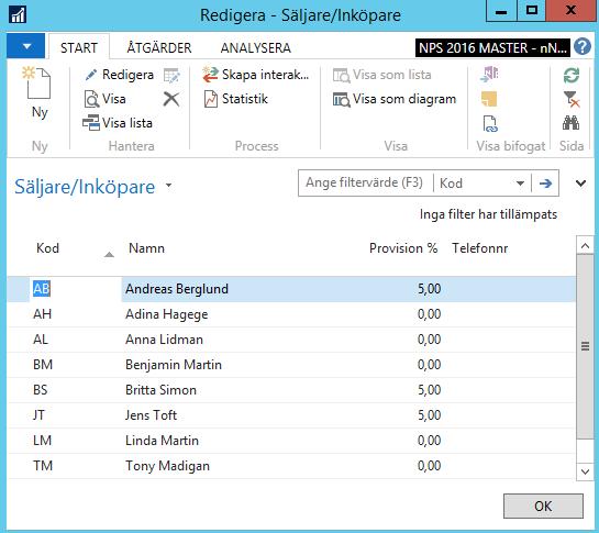 2.10 Säljare Obegränsat med säljare kan läggas in i Navision. Tabellen delas mellan säljare och inköpare.
